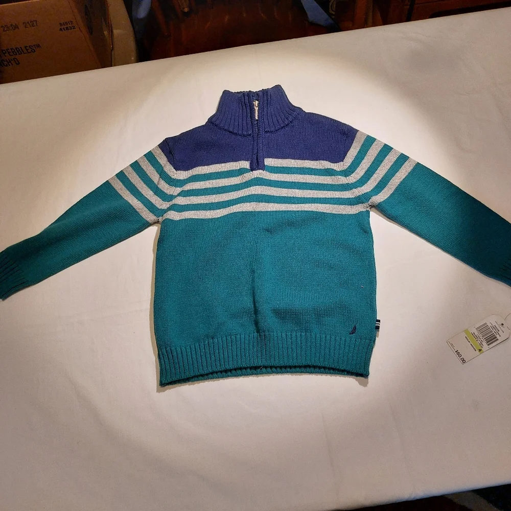 Nautica Half Zippered Pullover Cotton Sweater NEW Boys 4 Striped Gray Blue Green